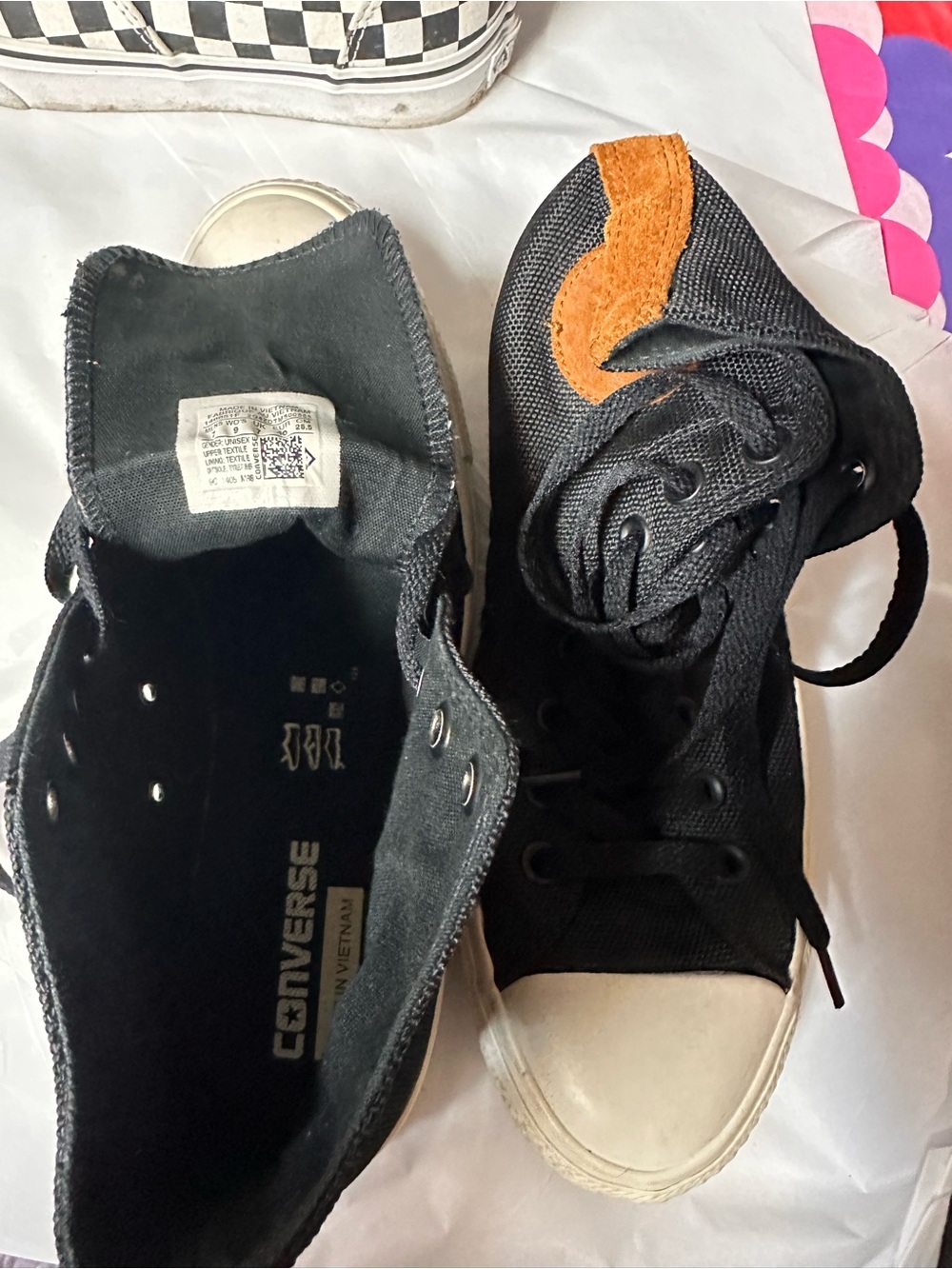 Converse Women's Black Canvas High Top Sneakers with Orange Accent